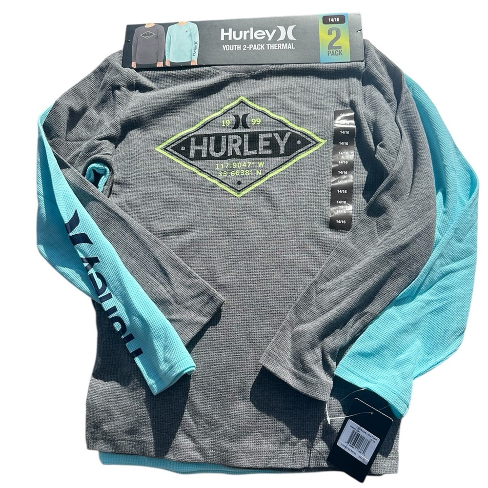Hurley Long Sleeve Thermal Shirts 2 Pack Grey and Aqua Youth Size 14 / 16 NEW